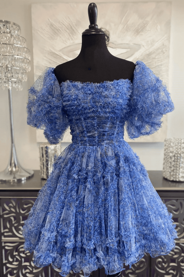 Koscy Blue Puff Sleeves Ruffles A-line Prints Homecoming Dress