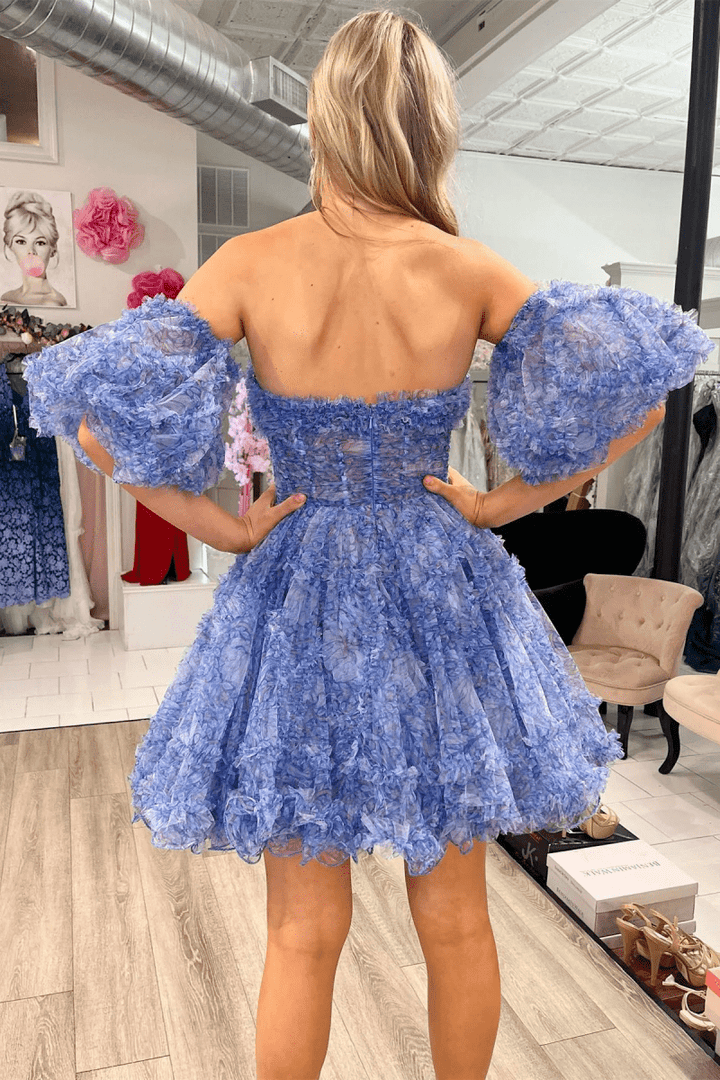 Koscy Blue Puff Sleeves Ruffles A-line Prints Homecoming Dress
