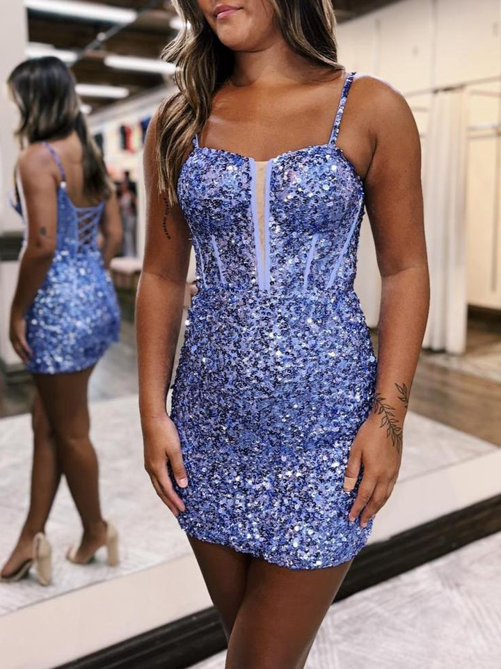 Koscy Blue Sequin Scoop Neck Lace-Up Short Tight Homecoming Dress
