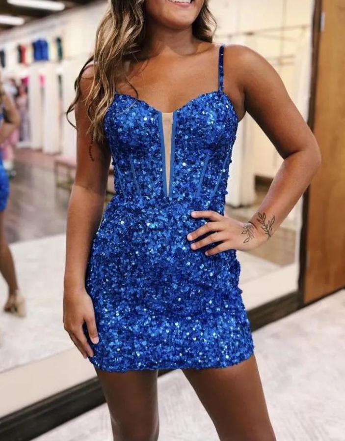Koscy Blue Sequin Scoop Neck Lace-Up Short Tight Homecoming Dress