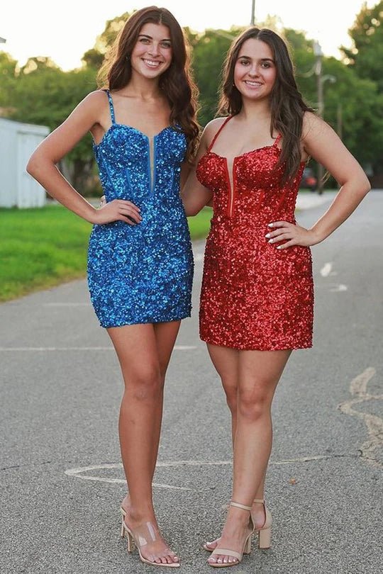 Koscy Blue Sequin Scoop Neck Lace-Up Short Tight Homecoming Dress