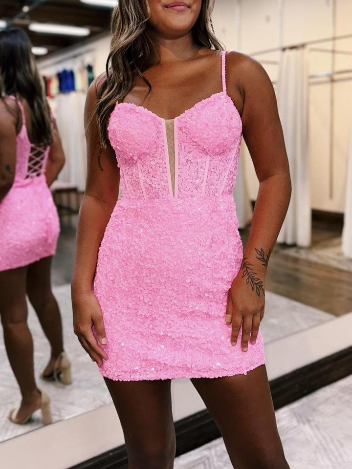 Koscy Blue Sequin Scoop Neck Lace-Up Short Tight Homecoming Dress