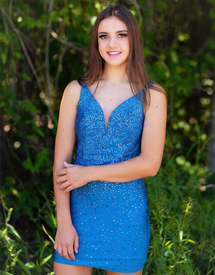 Koscy Sheath Blue Beaded Plunging Short Homecoming Dress