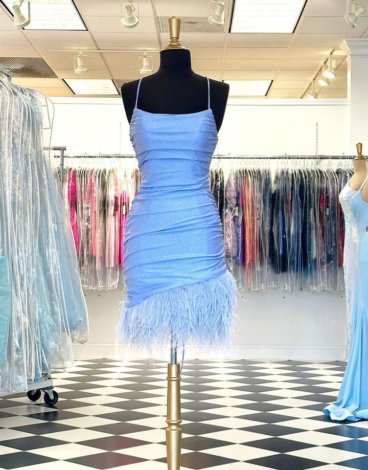 Koscy Sheath Blue Homecoming Dress with Feathers