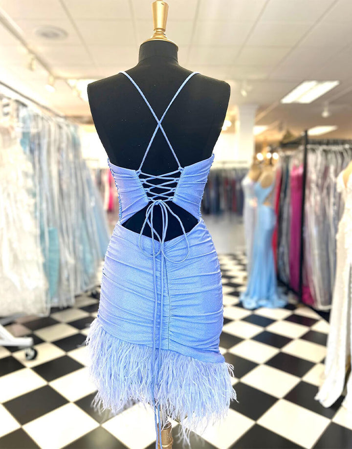Koscy Sheath Blue Homecoming Dress with Feathers