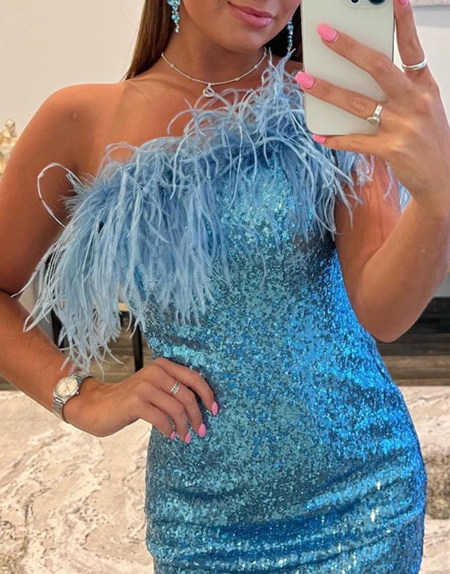 Koscy Sheath Sequin Homecoming Dress with Feather