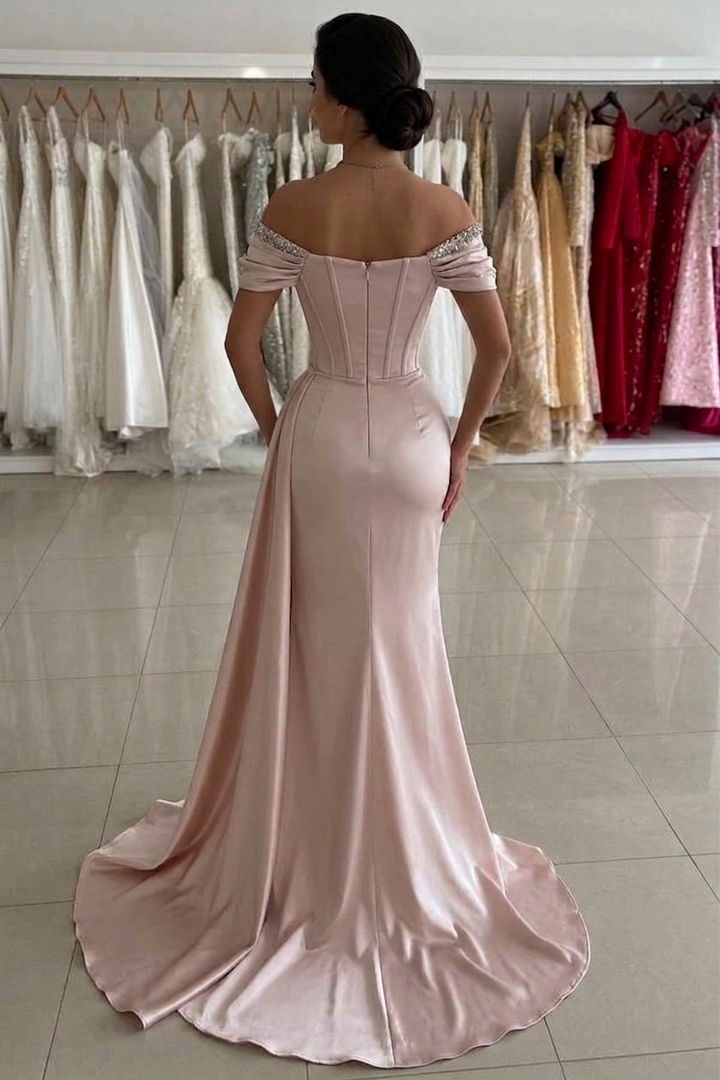 Blush Pink Satin Off Shoulder Mermaid Prom Dress Boned Corset Crystal Chain Ruched Waist High Slit