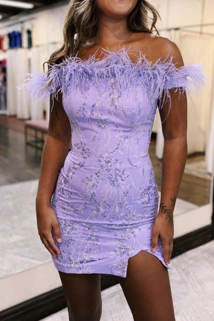 Koscy Bodycon Charming Lilac Off The Shoulder Homecoming Dress With Feather