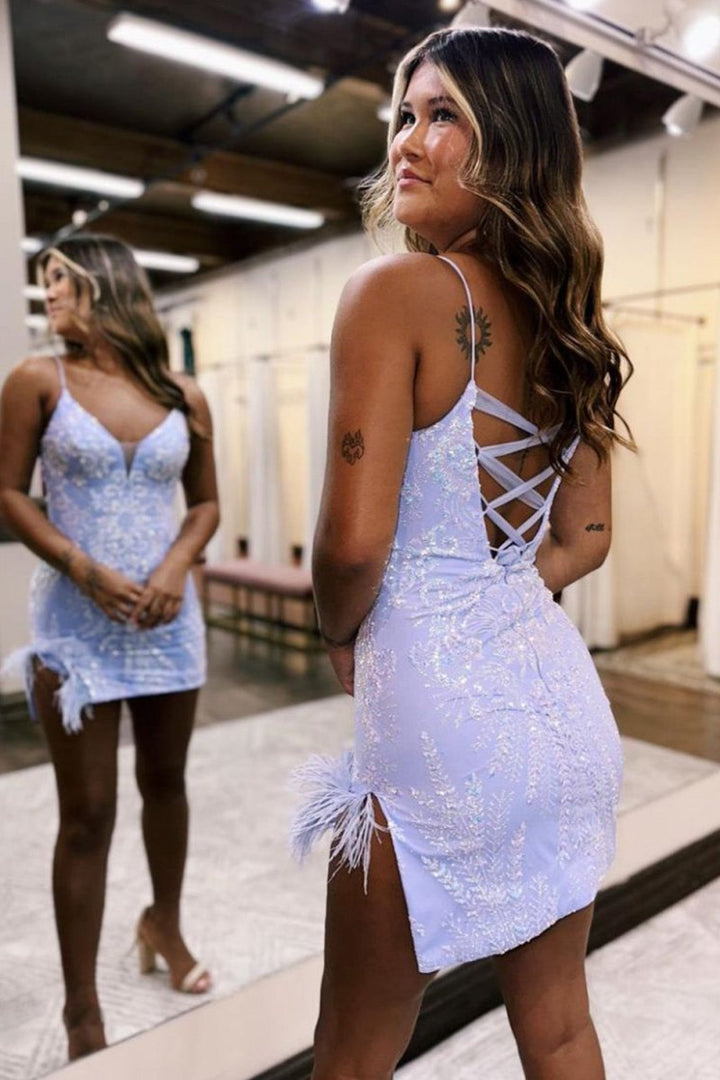 Koscy Bodycon Lace Up Spaghetti Straps Short Homecoming Dress With Split
