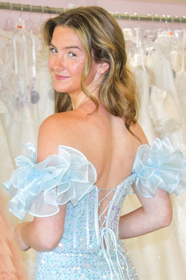 iridescent homecoming dresses Bodycon Off-the-Shoulder Blue Sequin Mini Dress Sexy Lace Fit-and-Flare Wedding White Color Color:Seafoam Floating Ribbons style for perimenopause and menopause