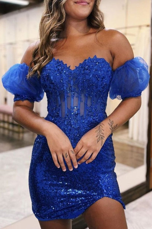 Koscy Bodycon Sparkly Sequin Strapless Short Homecoming Dress with Split