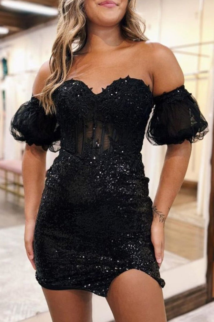 Koscy Bodycon Sparkly Sequin Strapless Short Homecoming Dress with Split