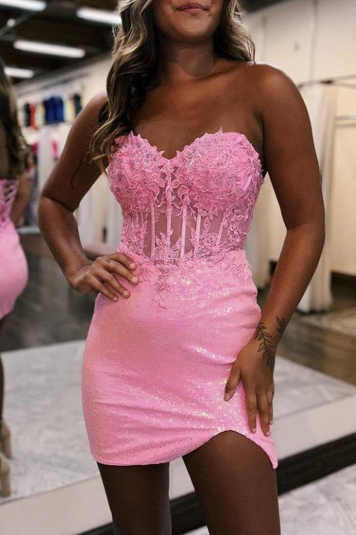 Koscy Bodycon Sparkly Sequin Strapless Short Homecoming Dress with Split