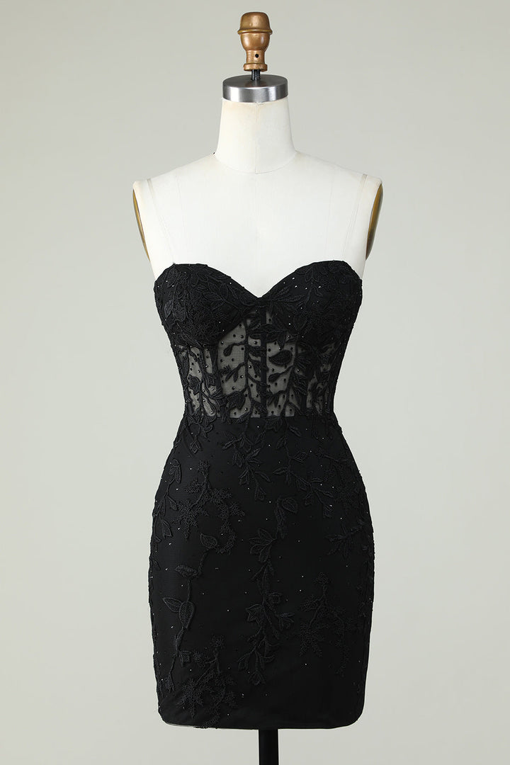 black corset homecoming dress Bodycon Sweetheart Black Corset Homecoming Dress with Appliques
