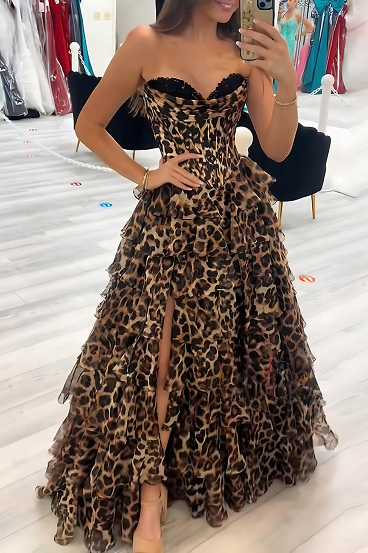 strapless open back dress Brown Leopard A-Line Ruffled Sweetheart Long Corset Prom Dress