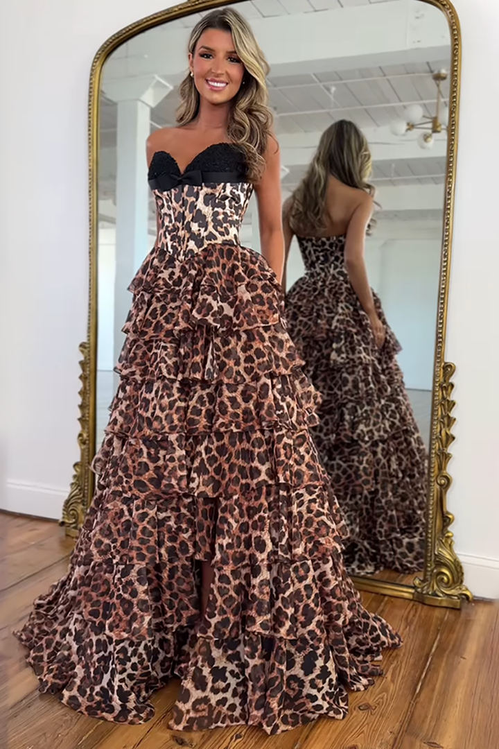 white christmas dresses Brown Leopard Sweetheart A-Line Ruffled Long Corset Prom Dress with Slit