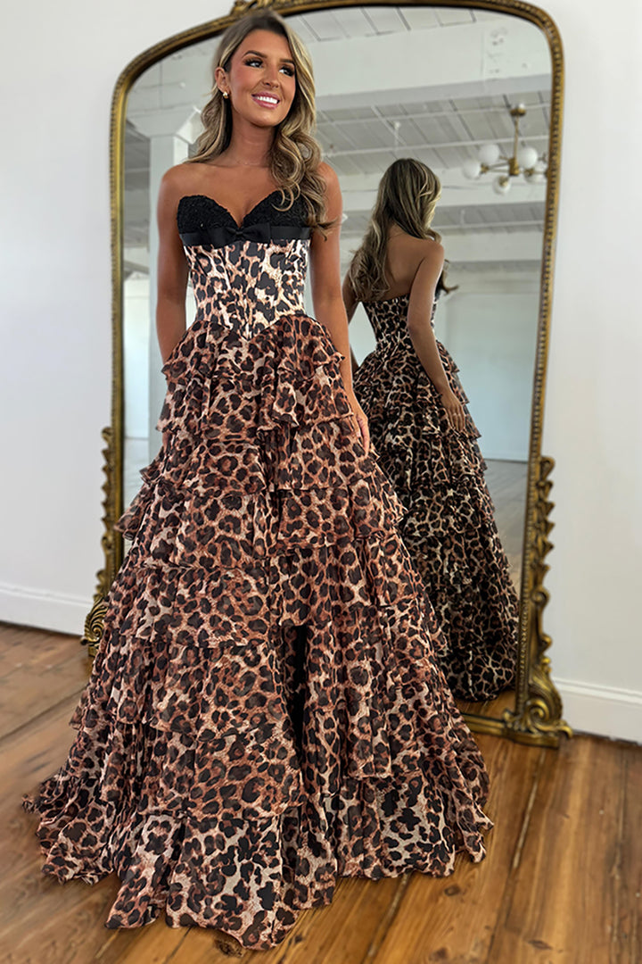 Brown Leopard Sweetheart A-Line Ruffled Long Corset Prom Dress with Slit Brown Leopard Sweetheart A-Line Ruffled Long Corset Prom Dress with Slit