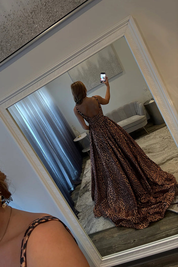 Brown Leopard Thick Straps A-Line Long Corset Prom Dress with Slit