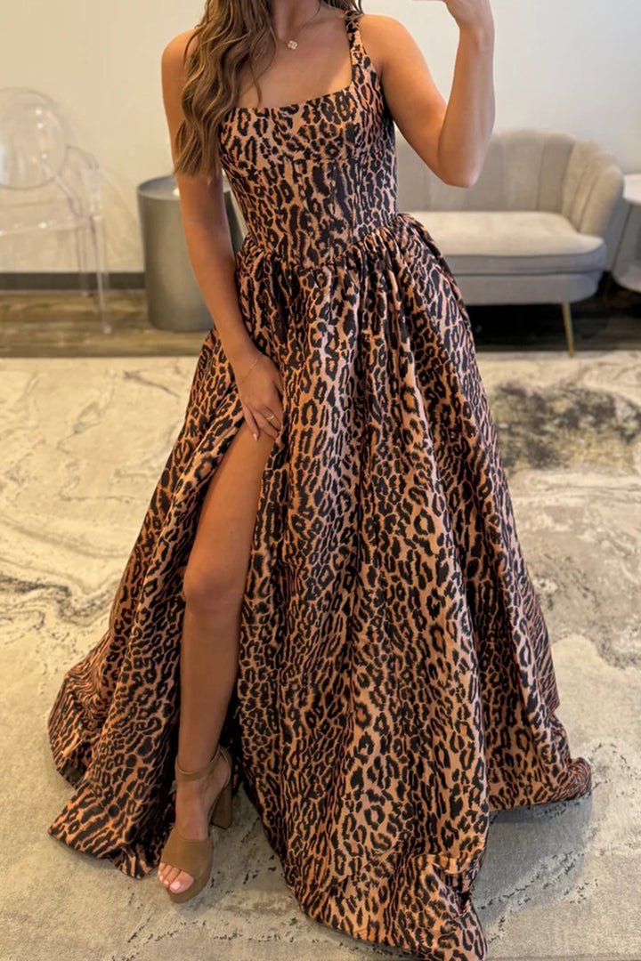 Brown Leopard Thick Straps A-Line Long Corset Prom Dress with Slit Brown Leopard Thick Straps A-Line Long Corset Prom Dress with Slit