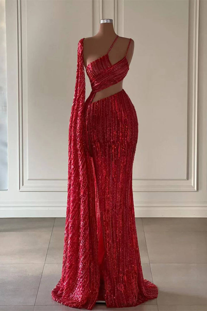 Burgundy One Shoulder Mermaid Formal Dress With Long Ruffles Sequins Split Burgundy One Shoulder Mermaid Formal Dress With Long Ruffles Sequins Split