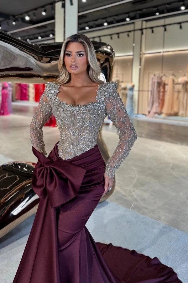 illusion sleeve prom dress Mint Green Satin Long Sleeve Prom Dress Illusion Lace Crystal Beaded Bodice A-Line High Slit Draped Skirt
