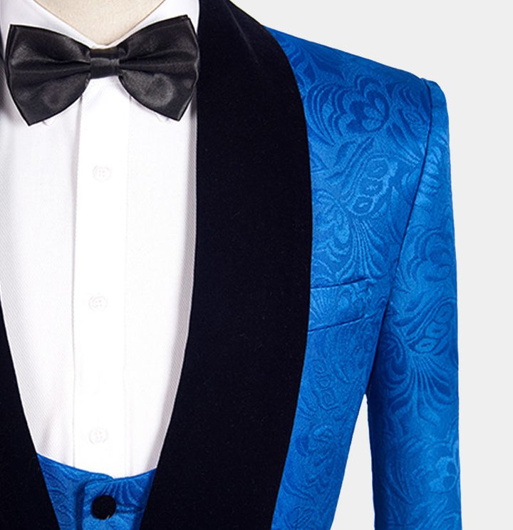Koscy Royal Blue Floral Jacquard Wedding Suit - Three Pieces for Men