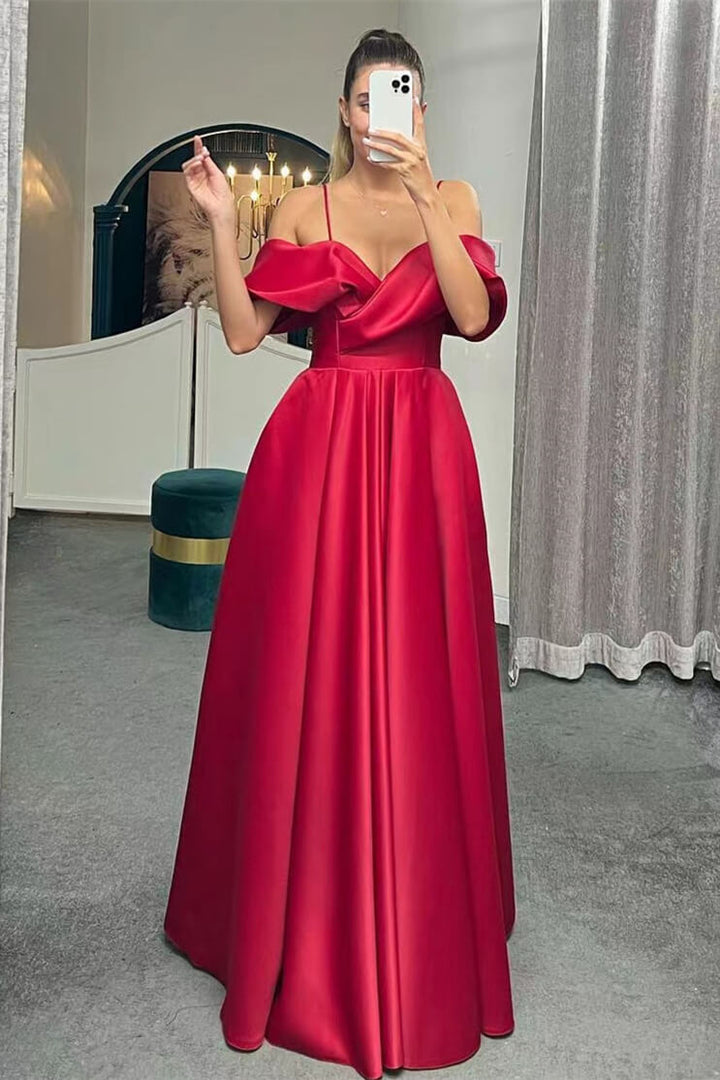 Off-the-Shoulder A-Line Lace-Up Back Long Evening Dress with Spaghetti Straps