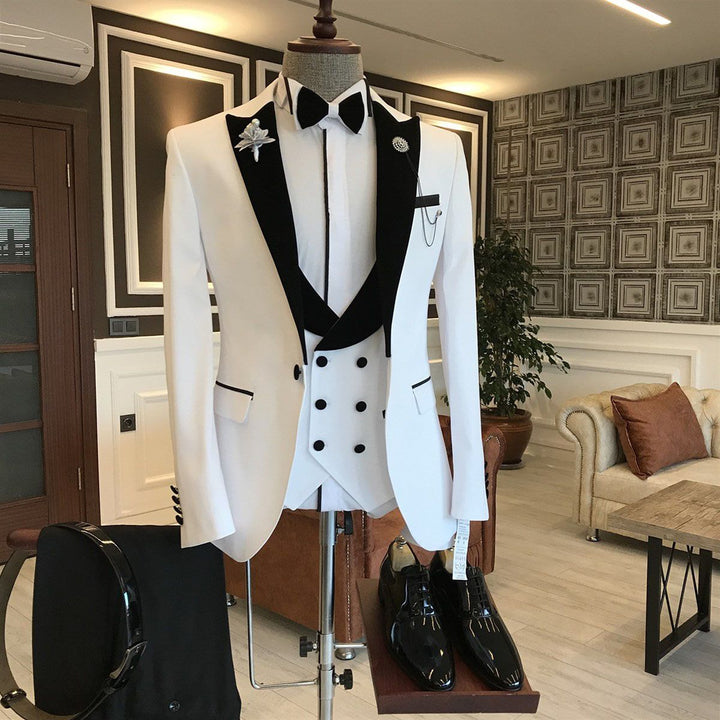 Koscy Elegant White and Black One-Button Prom Suit with Peaked Lapel
