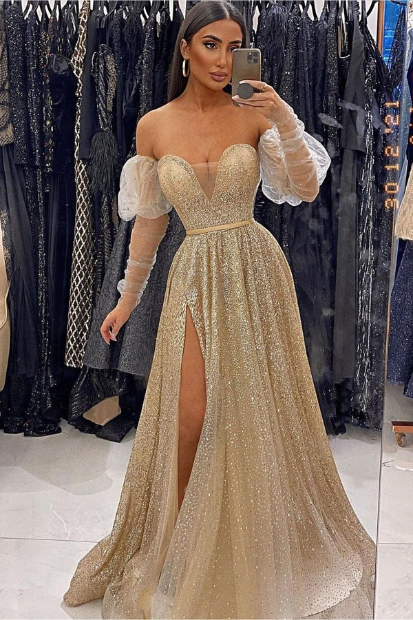 V-Neck Champagne Evening Dress with Sequins Front Split and Long Sleeves for Prom