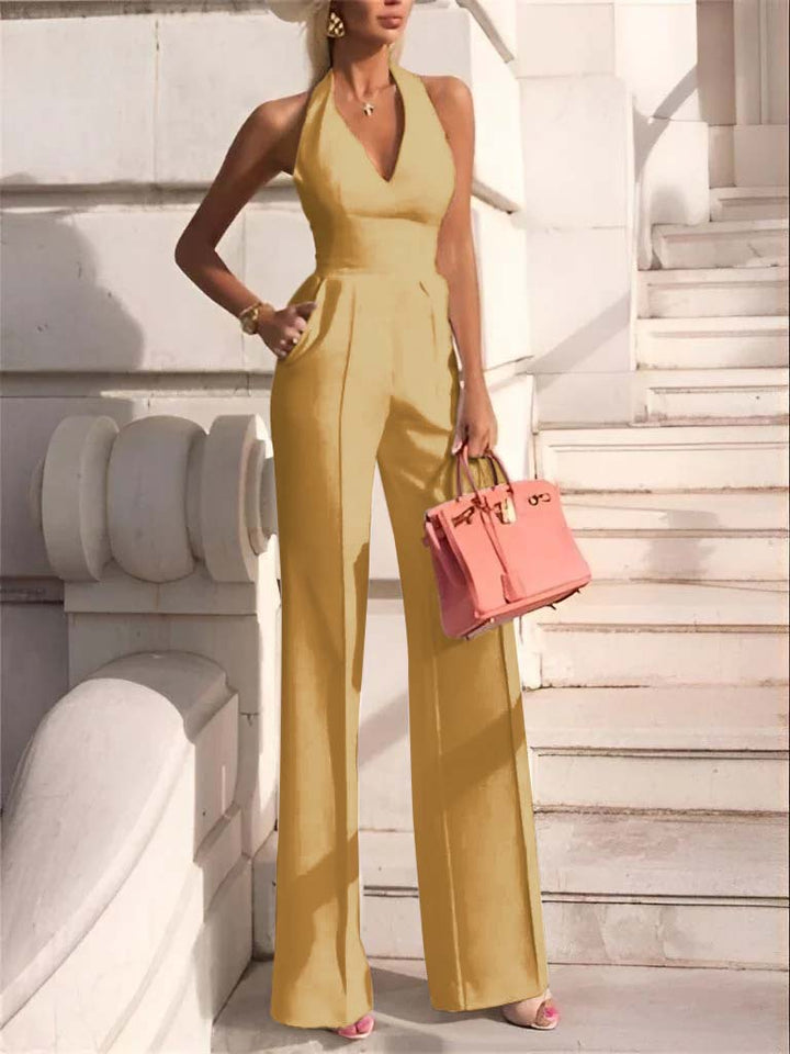 Koscy White Slim Fit Halter V-Neck Jumpsuit High-Waist Daily Women's Jump Suit