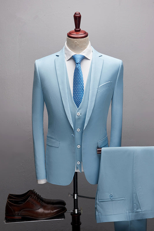 Koscy Glamorous Sky Blue Three-Piece Marriage Blazer Prom Suit with Notched Lapel