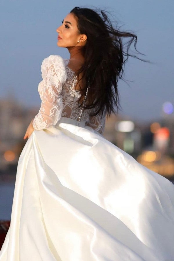 Bmbride Long A-line Sweetheart Satin Lace Wedding Dresses with Sleeves