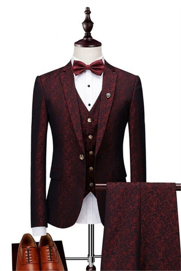 Koscy Wine Ruby Notched Lapel Jacquard Tuxedo Suit - Three Pieces
