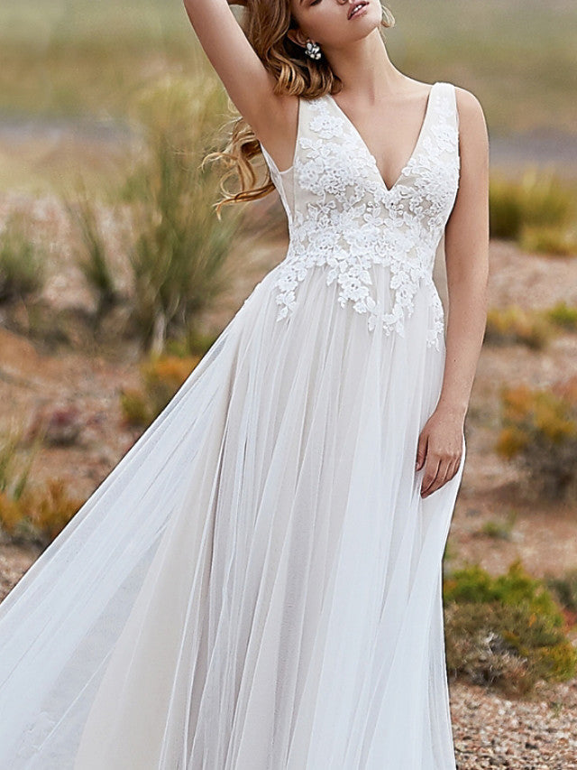 Bmbride Vintage Sexy Wedding Dress A-Line with V Neck Sweep/Brush Train Lace Tulle Sleeveless Color Backless
