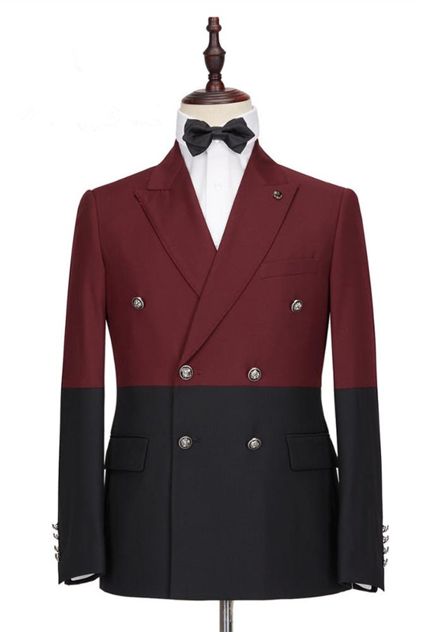 Koscy Fashionable Burgundy and Black Double-Breasted Prom Suit with Peaked Lapel for Men