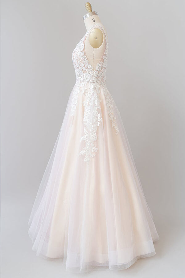 Bmbride Floor length Wedding Dress with V-neck Appliques in Tulle