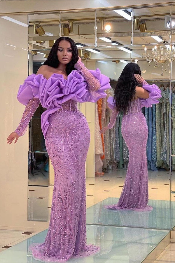 Purple Bubble Sleeves Long Strapless Sequin Beaded Prom Dress