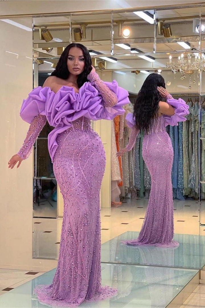Purple Bubble Sleeves Long Strapless Sequin Beaded Prom Dress