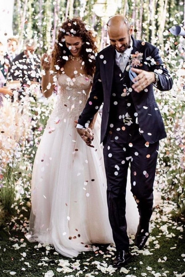 Bmbride Vintage Long A-line Off-the-shoulder Lace Tulle Wedding Dress