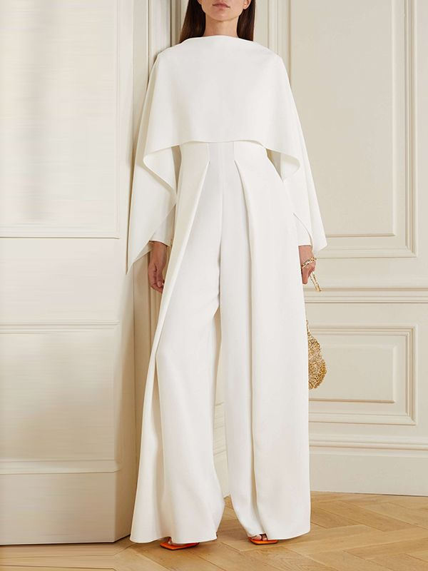 Koscy Unique Niche White Long Party Jump Suit With Cape