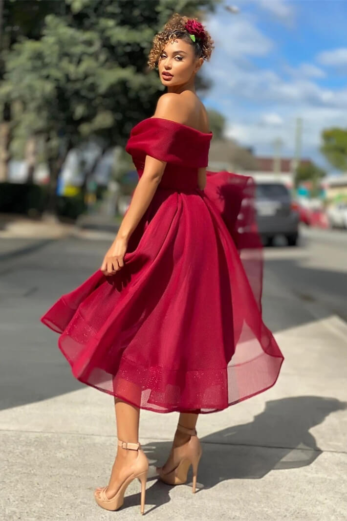 Off The Shoulder Short Evening Dress A Line in Burgundy
