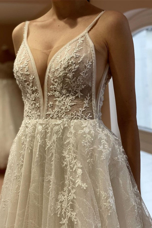 Bmbride White Boho Long A-line V-neck Tulle Lace Backless Wedding Dresses