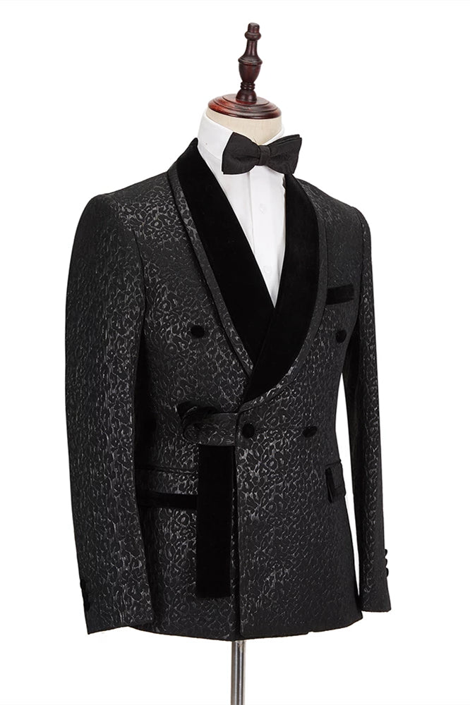 Koscy Classic Black Jacquard Velvet Lapel Blazer with Double-Breasted Design for Groom