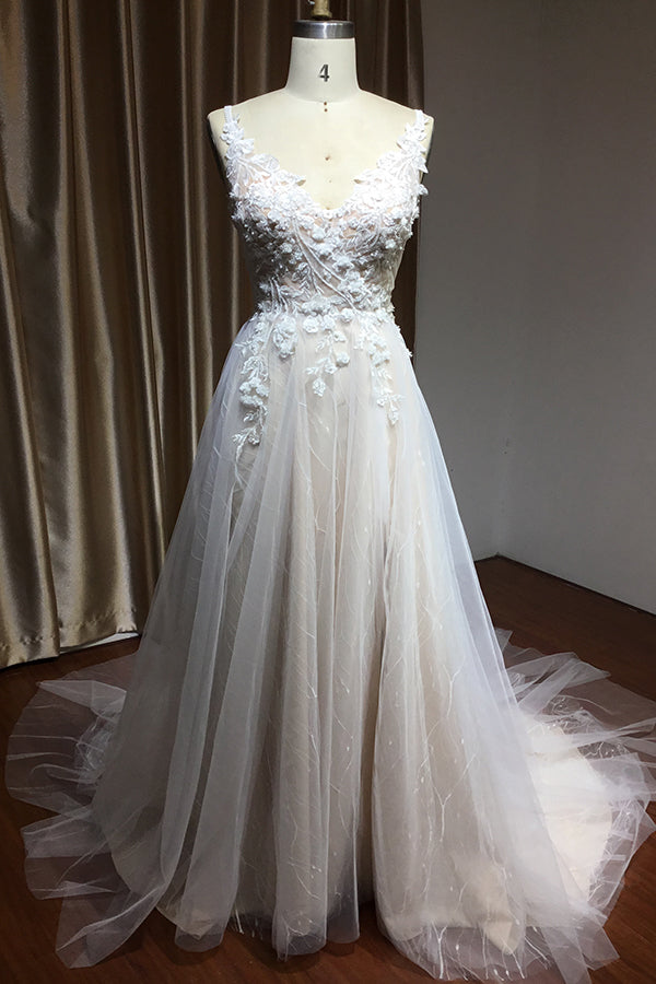 Bmbride Straps Floral Appliques A-line Side Split Backless Wedding Dress CPH235
