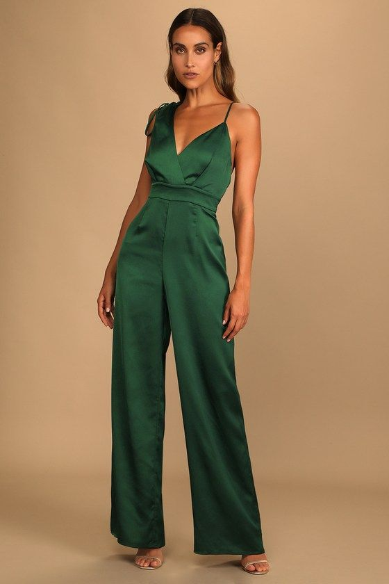 Koscy Retro Emerald Green Satin Asymmetrical Wide-Leg Jump Suit