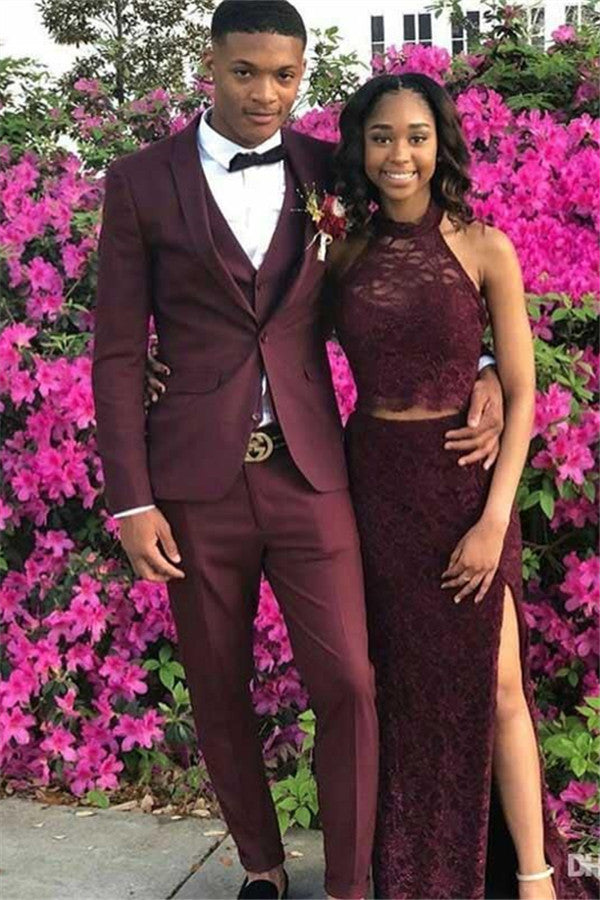 Koscy Shining Burgundy Groom and Groomsman Wedding Suits with Shawl Lapel