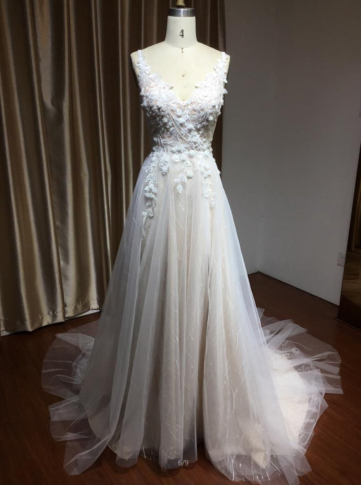Bmbride Straps Floral Appliques A-line Side Split Backless Wedding Dress CPH235