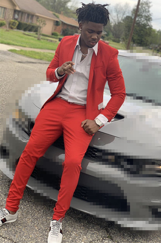 Koscy New Best-Fit Red Groom Suit with Peaked Lapel for Wedding