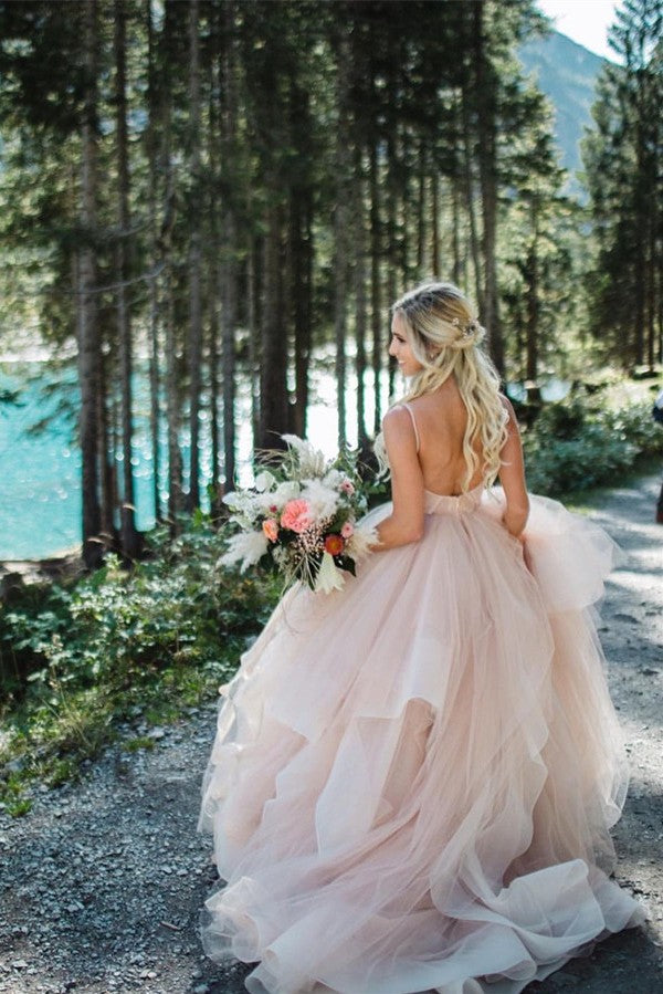 Bmbride Gorgeous Long Ball Gown V-neck Tulle Backless Bridal Gowns