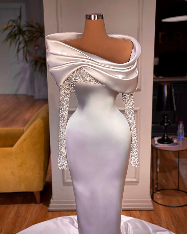 Long Sleeves White Evening Dress With Beadings